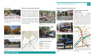 65
4CEnhance Transportation Choices
Chapter 4: Next Steps
Enhance Pedestrian & Bike NetworkEnhance Transportation Network
Legend for Transit Map
LIRR Rail Line
H-10 Bus Line
H-20 Bus Line
S-1 Bus Line
Huntington Station has great access to
65 minute express trains to Manhattan
and three bus routes connecting the
station to the Village & Route 110
employers. Bus service during weekday
rush hours is typically every 45 minutes.
Areas for improvement include better
bus shelters, more highly concentrated
employment centers, more frequent
bus service and the addition of well-
marked crosswalks.
Calm Traﬃc
Make crosswalks more visible
Install bike shelters near transit stops
Create more bike lanes and share the road
markings
Improve bus, bike and pedestrian connectivity
to the rail station
Build bus shelters at frequently used bus stops
Map of existing bus and rail routes
Promote Pedestrian & Bike
Connectivity
Healthy walkable and bikable
communities offer a connected
network of sidewalks, crosswalks &
bikeways and provide short blocks of
typically less than 600 feet in length.
The orange arrows identify locations
for desired connectivity to overcome
the oversized blocks along New York
Avenue. The red dots identify potential
sidewalk & crosswalk improvements.
Landscaped medians and highly visible
crosswalks can provide visual cues to motorists
to reduce vehicle speeds and improve
pedestrian safety.
On-street parking, pedestrian scaled lighting,
street trees and landscaped medians can
contribute to traffic calming.
Roundabouts with center island landscaping
can contribute to community identity, & reduce
speeding.
Pedestrian & bike route connectivity should
be enhanced with new walkways, crosswalks
& bikeways. Red dots show areas for
improvements.
 