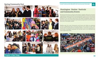 69Chapter 4: Next Steps
Local Community Benefits & Community Festivals
4ESpring Community Fest
Huntington Station Festivals
and Community Events
RenaissanceDowntownsandSourcetheStation,togetherwithlocalcommunity
organizations,hostedakick-offcommunityfestivalinMarchof2013attendedby
approximately 750 people. The event provided the opportunity for community
members to not only learn about Source the Station revitalization efforts, but
also learn about many of the great participating organizations and businesses
that exist in Huntington Station.
Building upon this event, Renaissance and Source the Station are planning
to host a significantly larger community festival in the summer of 2013. This
festival will not only feature the revitalization efforts, community organizations,
and location Huntington businesses, but will also serve as an initial jobs and
career opportunity event.
Coming Summer of 2013
Coming Summer of 2013
 