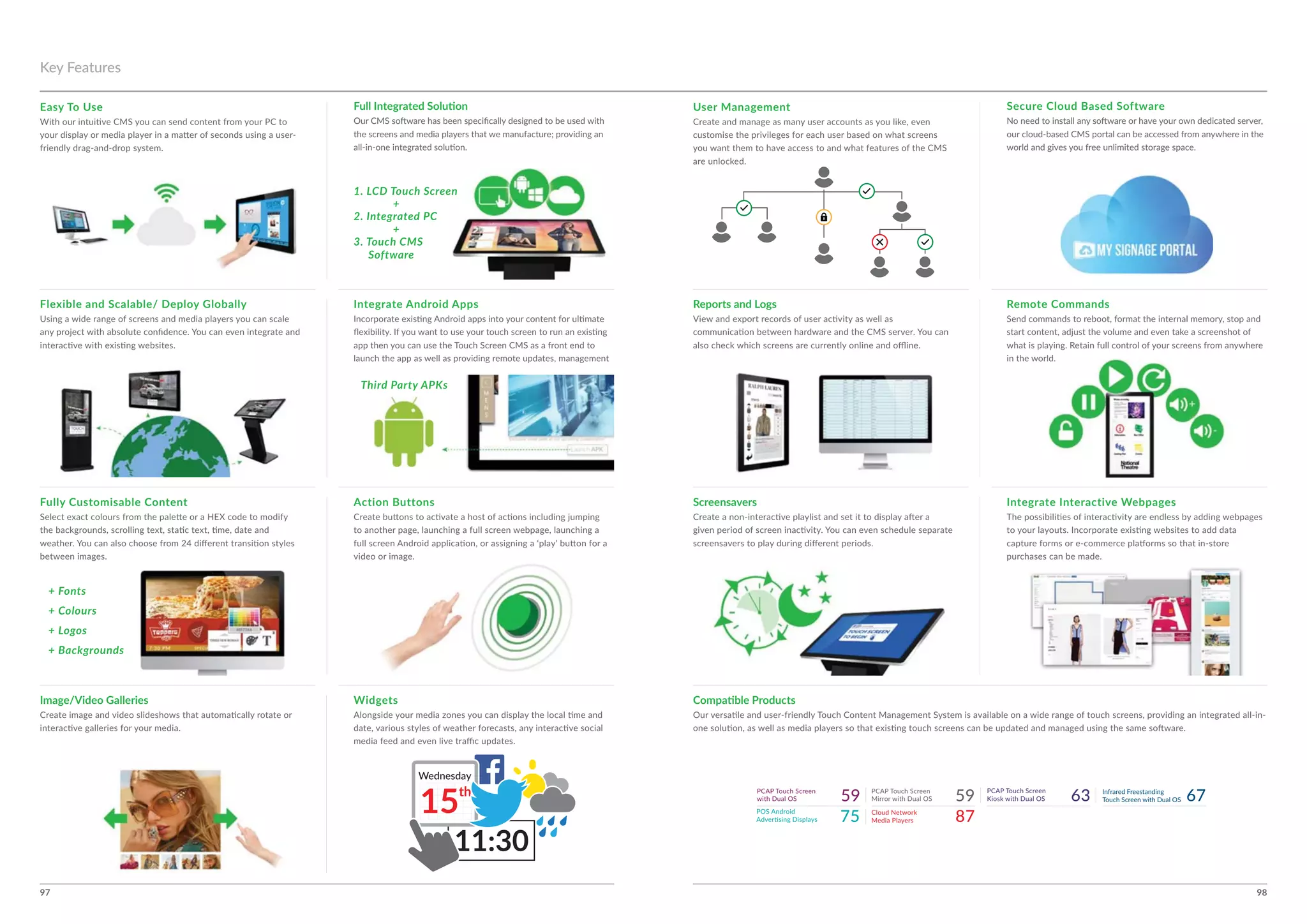 97 98
Easy To Use
Integrate Android AppsFlexible and Scalable/ Deploy Globally
Action Buttons
Image/Video Galleries
Fully Customisable Content
Widgets
Key Features
11:30
15
Wednesday
th
1. LCD Touch Screen
2. Integrated PC
3. Touch CMS
Software
Third Party APKs
+ Fonts
+ Colours
+ Logos
+ Backgrounds
+
+
User Management
Remote CommandsReports and Logs
Integrate Interactive Webpages
Secure Cloud Based Software
Screensavers
63 67
8775
59 59
Cloud Network
 