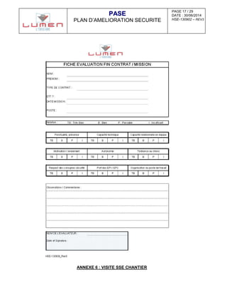 PAGE 17 / 29
DATE : 30/06/2014
HSE-130902 – REV3
PPAASSEE
PLAN D’AMELIORATION SECURITE
ANNEXE 6 : VISITE SSE CHANTIER
 