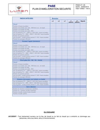PAGE 27 / 29
DATE : 30/06/2014
HSE-130902 – REV3
PPAASSEE
PLAN D’AMELIORATION SECURITE
GLOSSAIRE
ACCIDENT : Tout événement survenu sur le lieu de travail ou du fait du travail qui a entraîné un dommage aux
personnes, et/ou aux biens, et/ou à l’environnement.
 