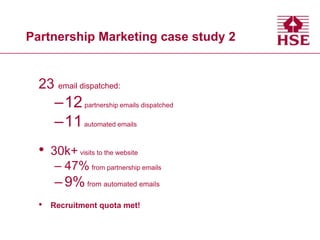 Partnership Marketing case study 2

23 email dispatched:

–12 partnership emails dispatched
–11 automated emails

•

30k+ visits to the website
– 47% from partnership emails

– 9% from automated emails
•

Recruitment quota met!

 
