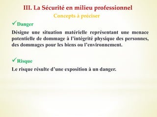 Concepts à préciser
Danger
Désigne une situation matérielle représentant une menace
potentielle de dommage à l’intégrité physique des personnes,
des dommages pour les biens ou l’environnement.
Risque
Le risque résulte d’une exposition à un danger.
III. La Sécurité en milieu professionnel
 