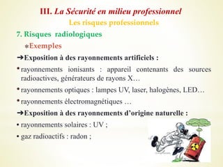 Les risques professionnels
7. Risques radiologiques
⁎Exemples
➔Exposition à des rayonnements artificiels :
•rayonnements ionisants : appareil contenants des sources
radioactives, générateurs de rayons X…
•rayonnements optiques : lampes UV, laser, halogènes, LED…
•rayonnements électromagnétiques …
➔Exposition à des rayonnements d’origine naturelle :
• rayonnements solaires : UV ;
• gaz radioactifs : radon ;
III. La Sécurité en milieu professionnel
 