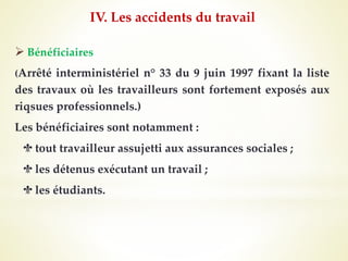  Bénéficiaires
(Arrêté interministériel n° 33 du 9 juin 1997 fixant la liste
des travaux où les travailleurs sont fortement exposés aux
riqsues professionnels.)
Les bénéficiaires sont notamment :
tout travailleur assujetti aux assurances sociales ;
les détenus exécutant un travail ;
les étudiants.
IV. Les accidents du travail
 
