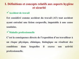 Accident de travail
Est considéré comme accident du travail (AT) tout accident
ayant entraîné une lésion corporelle, imputable à une cause
soudaine.
Maladie professionnelle
C’est la conséquence directe de l’exposition d’un travailleur à
un risque physique, chimique, biologique ou résultent des
conditions dans lesquelles il exerce son activité
professionnelle.
I. Définitions et concepts relatifs aux aspects hygiène
et sécurité
 