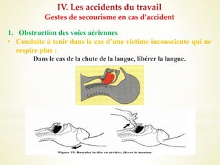 IV. Les accidents du travail
Gestes de secourisme en cas d’accident
1. Obstruction des voies aériennes
• Conduite à tenir dans le cas d’une victime inconsciente qui ne
respire plus :
Dans le cas de la chute de la langue, libérer la langue.
 