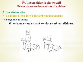 IV. Les accidents du travail
Gestes de secourisme en cas d’accident
2. Les hémorragies
• Conduite à tenir face à un saignement abondant
 Saignement du nez
Si perte importante = surélever les membres inférieurs.
 