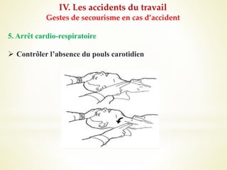 IV. Les accidents du travail
Gestes de secourisme en cas d’accident
5. Arrêt cardio-respiratoire
 Contrôler l’absence du pouls carotidien
 
