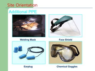 Additional PPE
Welding Mask Face Shield
Earplug Chemical Goggles
Site Orientation
 