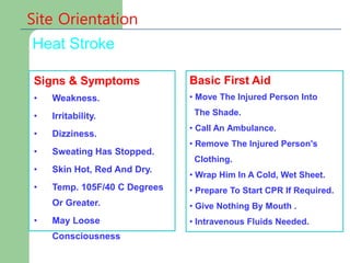 Heat Stroke
Site Orientation
Signs & Symptoms
• Weakness.
• Irritability.
• Dizziness.
• Sweating Has Stopped.
• Skin Hot, Red And Dry.
• Temp. 105F/40 C Degrees
Or Greater.
• May Loose
Consciousness
Basic First Aid
• Move The Injured Person Into
The Shade.
• Call An Ambulance.
• Remove The Injured Person's
Clothing.
• Wrap Him In A Cold, Wet Sheet.
• Prepare To Start CPR If Required.
• Give Nothing By Mouth .
• Intravenous Fluids Needed.
 