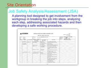 Site Orientation
Job Safety Analysis/Assessment (JSA)
A planning tool designed to get involvement from the
workgroup in breaking the job into steps, analyzing
each step, addressing associated hazards and then
developing a safe working procedure.
 