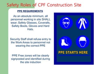 PPE REQUIREMENTS
As an absolute minimum, all
personnel working in site SHALL
wear; Safety Glasses, Coveralls,
Safety Boots, Gloves and Hard
Hats.
Security Staff shall refuse entry to
the Work Areas to personnel not
wearing the correct PPE
PPE Free zones will be clearly
signposted and identified during
the site induction
Safety Roles of CPF Construction Site
 