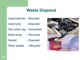 14
Used batteries - Recycled
Used tyres - Disposed
Oily cotton rag - Incinerated
Metal scrap - Recycled
Gasket - Disposed
Glass wastes - Recycled
Waste Disposal
 