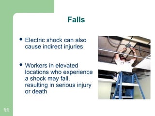 11
Falls
 Electric shock can also
cause indirect injuries
 Workers in elevated
locations who experience
a shock may fall,
resulting in serious injury
or death
 