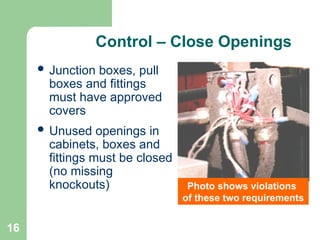 16
Control – Close Openings
 Junction boxes, pull
boxes and fittings
must have approved
covers
 Unused openings in
cabinets, boxes and
fittings must be closed
(no missing
knockouts) Photo shows violations
of these two requirements
 