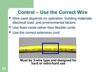 20
Control – Use the Correct Wire
 Wire used depends on operation, building materials,
electrical load, and environmental factors
 Use fixed cords rather than flexible cords
 Use the correct extension cord
Must be 3-wire type and designed for
hard or extra-hard use
 