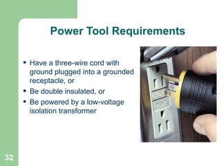 32
Power Tool Requirements
• Have a three-wire cord with
ground plugged into a grounded
receptacle, or
• Be double insulated, or
• Be powered by a low-voltage
isolation transformer
 