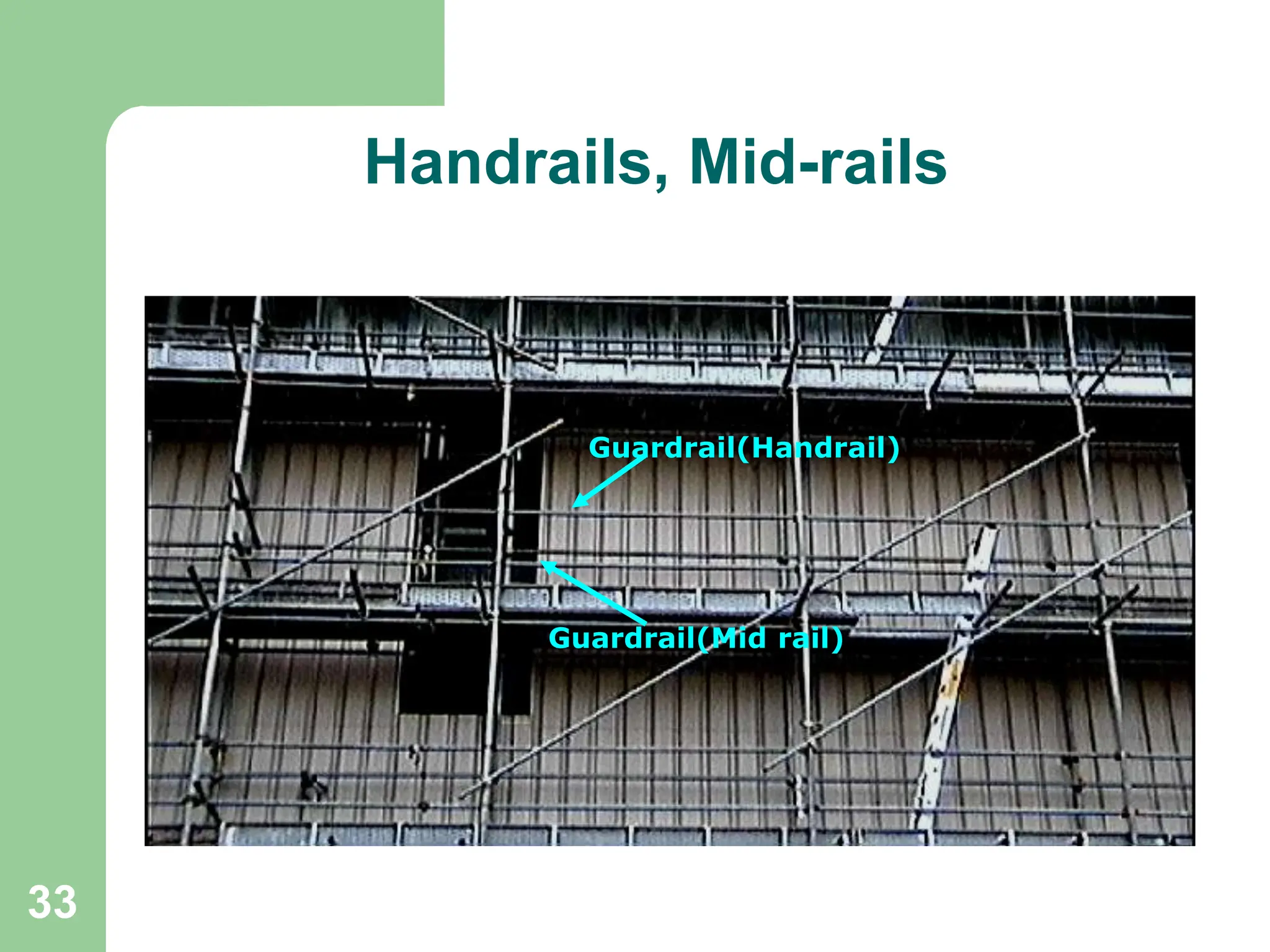33
Handrails, Mid-rails
Guardrail(Handrail)
Guardrail(Mid rail)
 