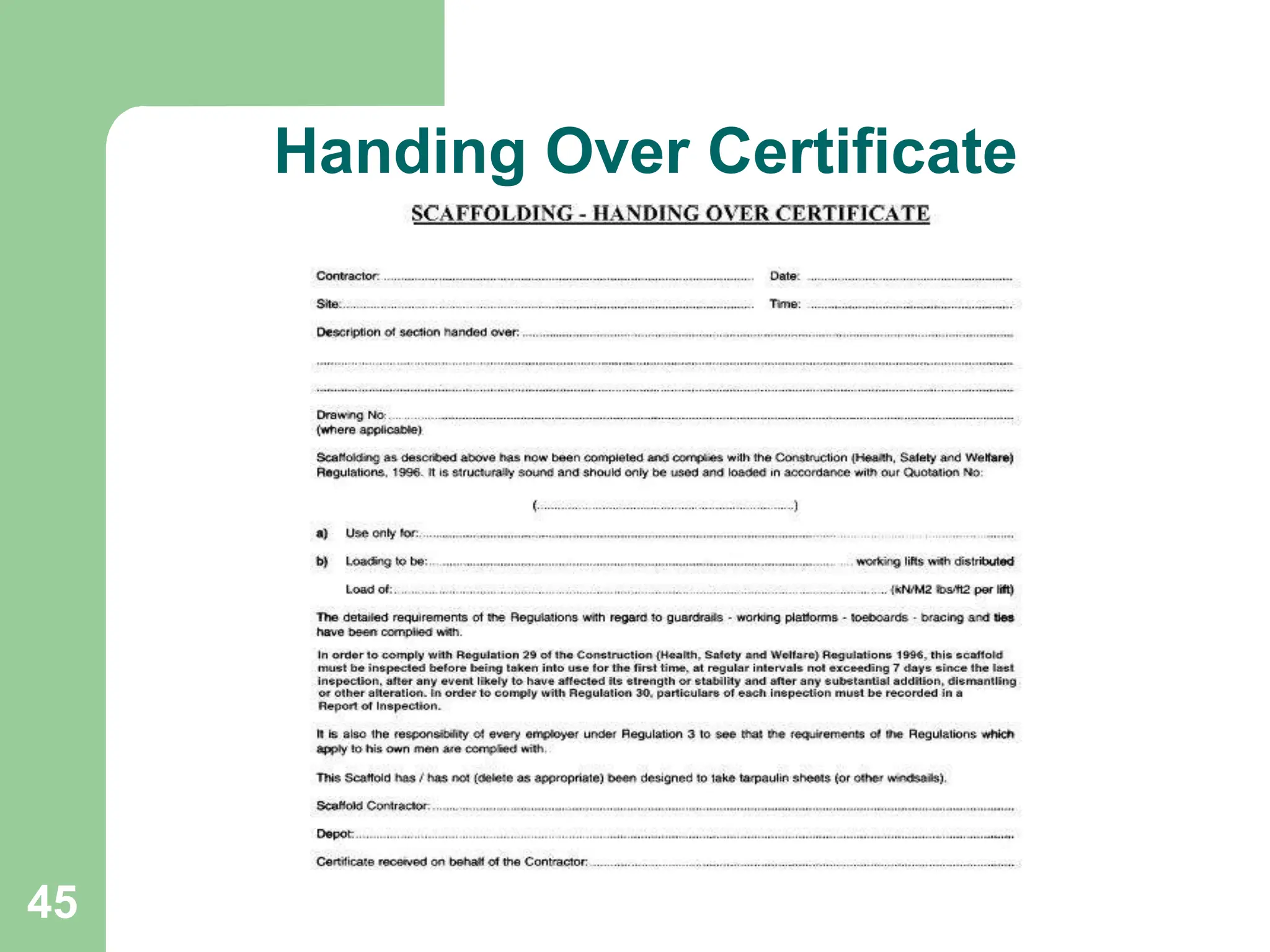 45
Handing Over Certificate
 