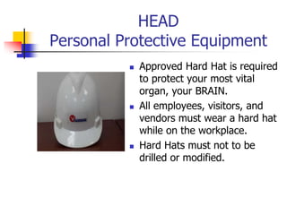 HEAD
Personal Protective Equipment
 Approved Hard Hat is required
to protect your most vital
organ, your BRAIN.
 All employees, visitors, and
vendors must wear a hard hat
while on the workplace.
 Hard Hats must not to be
drilled or modified.
 