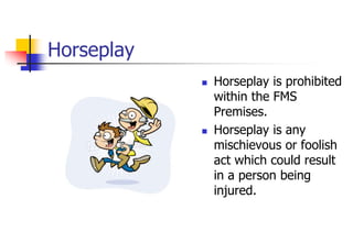 Horseplay
 Horseplay is prohibited
within the FMS
Premises.
 Horseplay is any
mischievous or foolish
act which could result
in a person being
injured.
 
