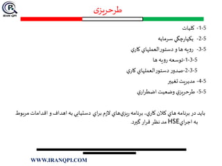 ‫ی‬‫طرحریز‬
5-1-‫کلیات‬
‫سرمايه‬ ‫چگي‬‫ر‬‫يكپا‬ 5-2-
‫ي‬‫كار‬ ‫العملهاي‬‫ر‬‫دستو‬ ‫و‬‫ها‬ ‫يه‬‫و‬‫ر‬ 5-3-
5-3-1-‫ها‬ ‫يه‬‫و‬‫ر‬ ‫توسعه‬
5-3-2-‫ي‬‫كار‬ ‫العملهاي‬‫ر‬‫دستو‬ ‫ر‬‫صدو‬
‫تغيير‬ ‫مديريت‬ 5-4-
‫ي‬‫ار‬‫ر‬‫اضط‬‫وضعيت‬ ‫ي‬‫طرحريز‬ 5-5-
‫ي‬‫يز‬‫ر‬ ‫برنامه‬ ،‫ي‬‫كار‬‫كالن‬ ‫هاي‬ ‫برنامه‬‫در‬ ‫بايد‬‫اي‬‫ر‬‫ب‬‫م‬‫ز‬‫ال‬ ‫هاي‬‫مربوط‬‫اقدامات‬ ‫و‬ ‫اهداف‬ ‫به‬ ‫دستيابي‬
‫اي‬‫ر‬‫اج‬ ‫به‬HSE‫گيرد‬‫ار‬‫ر‬‫ق‬ ‫نظر‬‫مد‬.
WWW.IRANQPI.COM
 