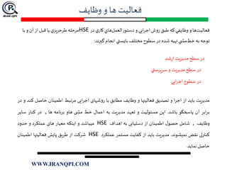 ‫وظایف‬ ‫و‬ ‫ها‬ ‫فعالیت‬
‫فعاليت‬‫العمل‬‫ر‬‫دستو‬‫و‬ ‫ايي‬‫ر‬‫اج‬‫ش‬‫و‬‫ر‬ ‫طبق‬‫كه‬‫وظايفي‬‫و‬‫ها‬‫در‬‫ي‬‫كار‬‫هاي‬HSE‫با‬‫و‬ ‫آن‬‫از‬‫قبل‬ ‫يا‬‫ي‬‫طرحريز‬‫مرحله‬
‫خط‬ ‫به‬ ‫توجه‬‫گيرند‬‫انجام‬ ‫بايستي‬‫مختلف‬‫سطوح‬‫در‬ ‫شده‬‫تهيه‬ ‫ي‬ ‫مش‬:
‫شد‬‫ر‬‫ا‬ ‫مديريت‬‫سطح‬ ‫در‬
‫سرپرستي‬ ‫و‬ ‫يت‬‫ر‬‫مدي‬‫سطح‬ ‫در‬
‫ايي‬‫ر‬‫اج‬‫سطوح‬ ‫در‬
‫مدیریت‬‫باید‬‫از‬‫ا‬‫ر‬‫اج‬‫و‬‫تصدیق‬‫فعالیتها‬‫و‬‫وظایف‬‫مطابق‬‫با‬‫شهای‬‫و‬‫ر‬‫ایی‬‫ر‬‫اج‬‫مرتبط‬‫اطمینان‬‫حاصل‬‫کند‬‫و‬‫در‬
‫ابر‬‫ر‬‫ب‬‫آن‬‫پاسخگو‬‫باشد‬.‫این‬‫مسئولیت‬‫و‬‫تعهد‬‫مدیریت‬‫به‬‫اعمال‬‫خط‬‫ی‬ ‫مش‬‫هاو‬‫برنامه‬‫ها‬,‫در‬‫کنار‬‫سایر‬
‫وظایف‬,‫شامل‬‫ل‬‫حصو‬‫اطمینان‬‫از‬‫دستیابی‬‫به‬‫اهداف‬HSE‫میباشد‬‫و‬‫اینکه‬‫معیار‬‫های‬‫عملکرد‬‫و‬‫حدود‬
‫کنترلی‬‫نقض‬‫نمیشوند‬.‫مدیریت‬‫باید‬‫از‬‫کفایت‬‫مستمر‬‫عملکرد‬HSE‫شرکت‬‫از‬‫طریق‬‫پایش‬‫فعالیتها‬‫اطمینان‬
‫حاصل‬‫نماید‬.
WWW.IRANQPI.COM
 