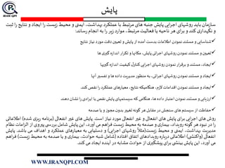‫پایش‬
‫مان‬‫ز‬‫سا‬‫باید‬‫شهای‬‫و‬‫ر‬‫ایی‬‫ر‬‫اج‬‫پایش‬‫جنبه‬‫های‬‫مرتبط‬‫با‬‫عملکرد‬،‫بهداشت‬‫ایمنی‬‫و‬‫محیط‬‫یست‬‫ز‬‫ا‬‫ر‬‫ایجاد‬‫و‬‫نتایج‬‫ا‬‫ر‬‫ثبت‬
‫و‬‫ی‬‫نگهدار‬‫کند‬‫و‬‫ای‬‫ر‬‫ب‬‫هر‬‫ناحیه‬‫یا‬‫فعالیت‬،‫مرتبط‬‫د‬‫ر‬‫موا‬‫یر‬‫ز‬‫ا‬‫ر‬‫به‬‫انجام‬‫ساند‬‫ر‬:
‫شناسایی‬‫و‬‫مستند‬‫نمودن‬‫اطالعات‬‫بدست‬‫آمده‬‫از‬‫پایش‬‫و‬‫تعیين‬‫دقت‬‫مورد‬‫نیاز‬‫نتایج‬
‫تعیين‬‫و‬‫مستند‬‫نمودن‬‫روشهای‬‫ا‬‫ائی‬‫ر‬‫ج‬،‫پایش‬‫مکانها‬‫و‬‫ار‬‫ر‬‫تک‬‫ه‬‫ز‬‫اندا‬‫ی‬‫گير‬‫ها‬
،‫ایجاد‬‫مستند‬‫و‬‫ار‬‫ر‬‫برق‬‫نمودن‬‫روشهای‬‫ایی‬‫ر‬‫اج‬‫ل‬‫کنتر‬‫کیفیت‬‫ه‬‫ز‬‫اندا‬‫گيریها‬
‫ایجاد‬‫و‬‫مستند‬‫نمودن‬‫روشهای‬،‫ائی‬‫ر‬‫اج‬‫به‬‫منظور‬‫مدیریت‬‫داده‬‫ها‬‫و‬‫تفسير‬‫آنها‬
‫ایجاد‬‫و‬‫مستند‬‫نمودن‬‫اقدامات‬،‫م‬‫ز‬‫ال‬‫هنگامیکه‬،‫نتایج‬‫های‬‫ر‬‫معیا‬‫عملکرد‬‫ا‬‫ر‬‫نقص‬‫کند‬.
‫یابی‬‫ز‬‫ار‬‫و‬‫مستند‬‫نمودن‬‫اعتبار‬‫داده‬،‫ها‬‫هنگامی‬‫که‬‫سیستمهای‬‫پایش‬‫نقص‬‫یا‬‫ادی‬‫ر‬‫ای‬‫ا‬‫ر‬‫نشان‬‫دهند‬
‫حفاظت‬‫از‬‫سیستم‬‫های‬‫سنجش‬‫در‬‫مقابل‬‫هر‬‫گونه‬‫تغیير‬‫ن‬‫بدو‬‫مجوز‬‫و‬‫یا‬‫صدمه‬
‫ش‬‫و‬‫ر‬‫های‬‫ایی‬‫ر‬‫اج‬‫ای‬‫ر‬‫ب‬‫پایش‬‫های‬‫انفعالی‬‫و‬‫غير‬‫انفعالی‬‫د‬‫ر‬‫مو‬‫نیاز‬‫است‬.‫پایش‬‫های‬‫غير‬‫انفعالی‬(‫نامه‬‫ر‬‫ب‬‫ی‬‫یز‬‫ر‬‫ش‬‫ده‬)‫اطالعاتی‬
‫ا‬‫ر‬‫در‬‫نبود‬‫هر‬‫گونه‬،‫یداد‬‫و‬‫ر‬‫ی‬‫بیمار‬‫و‬‫صدمه‬‫به‬‫محیط‬‫یست‬‫ز‬‫اهم‬‫ر‬‫ف‬‫می‬،‫د‬‫ر‬‫آو‬‫این‬‫پایش‬‫شامل‬‫ی‬ ‫س‬‫ر‬‫بر‬‫پيروی‬‫از‬‫ال‬‫امات‬‫ز‬‫نظام‬
‫مدیریت‬،‫بهداشت‬‫ایمنی‬‫و‬‫محیط‬‫یست‬‫ز‬(‫مثال‬‫شهای‬‫و‬‫ر‬‫ایی‬‫ر‬‫اج‬)‫و‬‫دستیابی‬‫به‬‫های‬‫ر‬‫معیا‬‫عملکرد‬‫و‬‫اهداف‬‫می‬‫ب‬‫اشد‬.‫پایش‬
‫انفعالی‬(‫ی‬ ‫واکنش‬)‫اطالعاتی‬‫ه‬‫ر‬‫با‬‫ر‬‫د‬‫یدادهای‬‫و‬‫ر‬‫اتفاق‬‫افتاده‬(‫شامل‬‫شبه‬،‫حوادث‬‫ی‬‫بیمار‬‫و‬‫یا‬‫صدمه‬‫به‬‫محیط‬‫یست‬‫ز‬)‫اهم‬‫ر‬‫ف‬
‫می‬،‫د‬‫ر‬‫آو‬‫این‬‫پایش‬‫ی‬ ‫بینش‬‫ای‬‫ر‬‫ب‬‫ی‬‫پیشگير‬‫از‬‫حوادث‬‫مشابه‬‫در‬‫آینده‬‫ایجاد‬‫می‬‫کند‬.
WWW.IRANQPI.COM
 