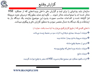 ‫وقایع‬ ‫ش‬‫ر‬‫ا‬‫ز‬‫گ‬
‫مان‬‫ز‬‫سا‬‫باید‬‫شهایی‬‫و‬‫ر‬‫ا‬‫ر‬‫ای‬‫ر‬‫ب‬‫ثبت‬‫و‬‫ش‬‫ر‬‫ا‬‫ز‬‫گ‬‫دهی‬‫داخلی‬‫یدادهایی‬‫و‬‫ر‬‫که‬‫از‬‫عملکرد‬HSE
‫متاثر‬‫شده‬‫اند‬‫یا‬‫میتوانستند‬‫متاثر‬‫شوند‬,‫ی‬‫نگهدار‬‫نماید‬‫یکه‬‫ر‬‫بطو‬‫سهای‬‫ر‬‫د‬‫عبرت‬‫بوط‬‫ر‬‫م‬‫ه‬
‫ا‬‫ر‬‫ف‬‫گرفته‬‫شده‬‫و‬‫اقدامات‬‫مناسب‬‫ت‬‫ر‬‫صو‬‫پذیرد‬.‫این‬‫موضوع‬‫مند‬‫ز‬‫نیا‬‫یک‬‫دیدگاه‬‫باز‬‫به‬
‫تباطات‬‫ر‬‫ا‬‫و‬‫یک‬‫دیدگاه‬‫به‬‫دنبال‬‫مقصر‬‫نبودن‬‫به‬‫ر‬‫منظو‬‫ش‬‫ر‬‫ا‬‫ز‬‫گ‬‫دهی‬‫و‬‫ی‬‫پیگير‬‫می‬‫باشد‬.
‫از‬‫ت‬‫ر‬‫عبا‬،‫يافت‬ ‫دست‬‫آنها‬‫به‬‫توان‬‫مي‬‫ي‬‫گير‬‫ش‬‫ر‬‫ا‬‫ز‬‫گ‬‫طريق‬‫از‬‫كه‬‫كليدي‬ ‫دادهايي‬:
‫باشد‬‫مي‬‫يست‬‫ز‬‫محيط‬‫بر‬‫سوء‬ ‫ات‬‫ر‬‫اث‬‫يا‬‫اي‬‫حرفه‬‫ي‬‫بيمار‬،‫ها‬‫آسيب‬‫جزئيات‬.
‫بيمار‬‫فرد‬ ‫به‬‫مربوط‬‫جزئيات‬/‫ديده‬‫حادثه‬
‫حادثه‬‫وقوع‬‫محيط‬ ‫از‬‫شرحي‬
‫پيوسته‬‫بوقوع‬‫كه‬‫يدادهاي‬‫و‬‫ر‬ ‫سلسله‬‫جزئيات‬
‫نتايج‬‫جزئيات‬
‫مديريت‬‫نظام‬‫صحيح‬ ‫غير‬‫عملكرد‬ ‫بالقوه‬ ‫ات‬‫ر‬‫اث‬HSE‫گرديده‬ ‫حوادث‬‫وقوع‬ ‫به‬‫منجر‬‫كه‬.
WWW.IRANQPI.COM
 