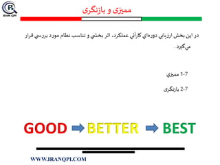 ‫ی‬‫نگر‬‫ز‬‫با‬ ‫و‬ ‫ی‬‫مميز‬
‫س‬‫ر‬‫بر‬ ‫د‬‫ر‬‫مو‬ ‫نظام‬‫تناسب‬ ‫و‬ ‫ي‬ ‫بخش‬‫اثر‬،‫عملكرد‬ ‫آئي‬‫ر‬‫كا‬‫اي‬‫ه‬‫ر‬‫دو‬ ‫يابي‬‫ز‬‫ار‬ ‫بخش‬‫اين‬‫در‬‫ار‬‫ر‬‫ق‬ ‫ي‬
‫گيرد‬‫مي‬.
7-1‫ي‬‫مميز‬
7-2‫ی‬‫نگر‬‫ز‬‫با‬
WWW.IRANQPI.COM
 