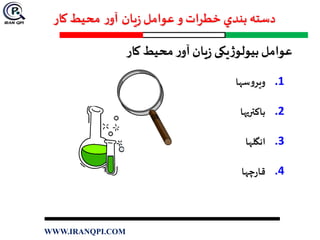 ‫يان‬‫ز‬‫عوامل‬ ‫و‬ ‫خطرات‬ ‫بندي‬ ‫دسته‬‫ر‬‫آو‬‫كار‬ ‫محيط‬
‫عوامل‬‫ر‬‫آو‬ ‫یان‬‫ز‬ ‫یکی‬‫ژ‬‫بیولو‬‫محيط‬‫كار‬
.1‫سها‬‫و‬‫وير‬
.2‫باكتريها‬
.3‫انگلها‬
.4‫چها‬‫ر‬‫قا‬
WWW.IRANQPI.COM
 