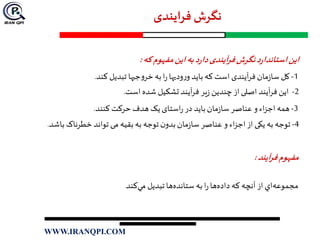‫فرایندی‬ ‫نگرش‬
‫که‬‫مفهوم‬‫این‬‫به‬‫د‬‫ر‬‫دا‬‫آیندی‬‫ر‬‫ف‬‫نگرش‬‫د‬‫ر‬‫استاندا‬‫این‬:
1-‫کند‬ ‫تبدیل‬ ‫جیها‬‫و‬‫خر‬ ‫به‬‫ا‬‫ر‬ ‫ودیها‬‫ر‬‫و‬ ‫باید‬‫که‬ ‫است‬ ‫آیندی‬‫ر‬‫ف‬‫مان‬‫ز‬‫سا‬ ‫کل‬.
2-‫است‬‫شده‬ ‫تشکیل‬ ‫آیند‬‫ر‬‫ف‬ ‫یر‬‫ز‬ ‫چندین‬‫از‬‫اصلی‬ ‫آیند‬‫ر‬‫ف‬‫این‬.
3-‫کنند‬ ‫حرکت‬ ‫هدف‬ ‫یک‬‫استای‬‫ر‬ ‫در‬ ‫باید‬‫مان‬‫ز‬‫سا‬‫عناصر‬ ‫و‬‫اء‬‫ز‬‫اج‬ ‫همه‬.
4-‫باش‬ ‫خطرناک‬ ‫تواند‬ ‫می‬ ‫بقیه‬ ‫به‬ ‫توجه‬ ‫ن‬‫بدو‬‫مان‬‫ز‬‫سا‬‫عناصر‬ ‫و‬ ‫اء‬‫ز‬‫اج‬‫از‬ ‫یکی‬ ‫به‬ ‫توجه‬‫د‬.
‫آیند‬‫ر‬‫ف‬‫مفهوم‬:
‫مجموعه‬‫داده‬ ‫كه‬ ‫آنچه‬ ‫از‬‫اي‬‫ستانده‬ ‫به‬‫ا‬‫ر‬‫ها‬‫مي‬ ‫تبديل‬‫ها‬‫كند‬.
WWW.IRANQPI.COM
 