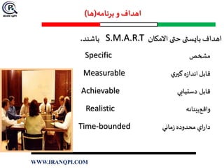 ‫برنامه‬ ‫و‬ ‫اهداف‬(‫ها‬)
‫االمکان‬ ‫حتی‬ ‫بایستی‬ ‫اهداف‬S.M.A.R.T‫ب‬‫اشند‬.
‫مشخص‬Specific
‫ق‬‫ي‬‫گير‬ ‫ه‬‫ز‬‫اندا‬ ‫ابل‬Measurable
‫قابل‬‫دستيابي‬Achievable
‫واق‬‫بينانه‬‫ع‬Realistic
‫ماني‬‫ز‬ ‫محدوده‬ ‫اي‬‫ر‬‫دا‬Time-bounded
WWW.IRANQPI.COM
 