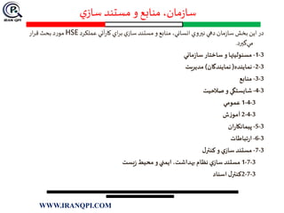 ‫ي‬‫ساز‬ ‫مستند‬ ‫و‬ ‫منابع‬ ،‫مان‬‫ز‬‫سا‬
‫انساني‬‫نيروي‬‫دهي‬‫مان‬‫ز‬‫سا‬‫بخش‬‫اين‬‫در‬،‫بر‬‫ي‬‫ساز‬‫مستند‬‫و‬‫منابع‬‫ا‬‫عملكرد‬ ‫آئي‬‫ر‬‫كا‬‫ي‬HSE‫ار‬‫ر‬‫ق‬‫بحث‬ ‫د‬‫ر‬‫مو‬
‫گيرد‬‫مي‬.
3-1-‫ماني‬‫ز‬‫سا‬ ‫ساختار‬‫و‬ ‫مسئوليتها‬
3-2-‫نماينده‬(‫نمايندگان‬)‫مديريت‬
3-3-‫منابع‬
3-4-‫صالحيت‬‫و‬ ‫شايستگي‬
3-4-1‫عمومي‬
3-4-2‫ش‬‫ز‬‫آمو‬
3-5-‫پ‬‫ي‬‫ان‬‫ر‬‫مانکا‬
3-6-‫تباطات‬‫ر‬‫ا‬
3-7-‫ل‬‫كنتر‬‫و‬ ‫ي‬‫ساز‬‫مستند‬
3-7-1‫يست‬‫ز‬‫محيط‬ ‫و‬‫ايمني‬،‫بهداشت‬ ‫نظام‬ ‫ي‬‫ساز‬‫مستند‬
3-7-2‫اسناد‬‫ل‬‫كنتر‬
WWW.IRANQPI.COM
 