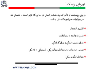 ‫یسک‬‫ر‬ ‫یابی‬‫ز‬‫ار‬
‫است‬ ‫م‬‫ز‬‫ال‬ ‫كه‬‫جائي‬ ‫در‬ ‫ايمني‬ ‫و‬ ‫بهداشت‬‫ات‬‫ر‬‫تأثي‬ ‫و‬ ‫ها‬‫يسك‬‫ر‬ ‫يابي‬‫ز‬‫ار‬،‫كه‬ ‫بايستي‬
‫باشد‬ ‫ذيل‬ ‫موضوعات‬ ‫برگيرنده‬ ‫در‬:
‫انفجار‬ ‫و‬ ‫آتش‬
‫تصادفات‬ ‫و‬ ‫ده‬‫ر‬‫وا‬ ‫ضربات‬
‫گرفتگي‬ ‫ق‬‫بر‬ ‫و‬ ‫خفگي‬،‫شدن‬ ‫ق‬‫غر‬
‫فيزيكي‬ ‫و‬ ‫شيميايي‬ ،‫يكي‬‫ژ‬‫بيولو‬ ‫عوامل‬ ‫مزمن‬‫يا‬ ‫حاد‬ ‫تماس‬
‫ارگونوميكي‬ ‫عوامل‬
WWW.IRANQPI.COM
 