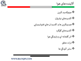 ‫هوا‬ ‫های‬ ‫آالینده‬
‫کربن‬ ‫مونوکسيد‬
‫ن‬‫ژ‬‫نيترو‬ ‫اکسيدهاي‬
‫فتوشيميايي‬ ‫هاي‬ ‫اکسيدان‬ ‫و‬ ‫ها‬ ‫کربن‬‫و‬‫هيدر‬
‫گوگرد‬ ‫اکسيدهاي‬
‫هوا‬ ‫نگي‬‫و‬‫وار‬ ‫و‬ ‫اي‬ ‫گلخانه‬ ‫اثر‬
‫معلق‬ ‫ات‬‫ر‬‫ذ‬
‫ها‬ ‫آلودگي‬ ‫ساير‬
WWW.IRANQPI.COM
 