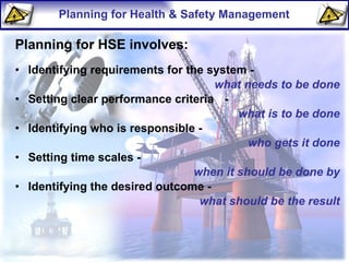 Planning for Health & Safety Management Planning for HSE involves: Identifying requirements for the system - what needs to be done Setting clear performance criteria - what is to be done Identifying who is responsible - who gets it done Setting time scales - when it should be done by Identifying the desired outcome - what should be the result 