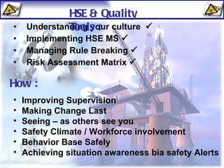 Understanding your culture   Implementing HSE MS   Managing Rule Breaking   Risk Assessment Matrix   Improving Supervision  Making Change Last Seeing – as others see you Safety Climate / Workforce involvement Behavior Base Safely Achieving situation awareness bia safety Alerts How : HSE & Quality Tools : 