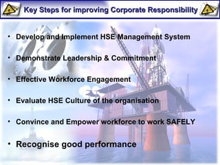 Develop and Implement HSE Management System Demonstrate Leadership & Commitment Effective Workforce Engagement Evaluate HSE Culture of the organisation Convince and Empower workforce to work SAFELY Recognise good performance Key Steps for improving Corporate Responsibility 