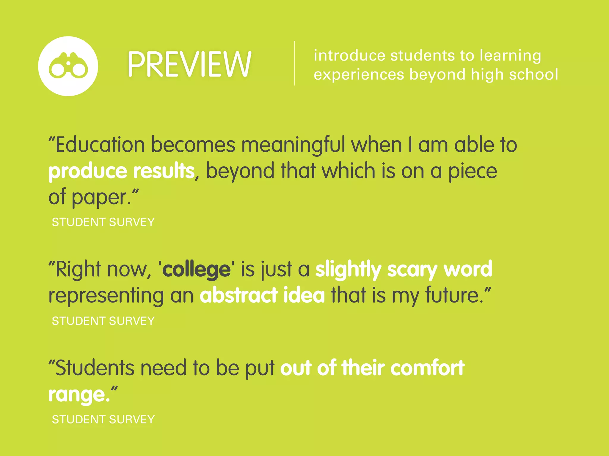 introduce students to learning
          PREVIEW             experiences beyond high school



“Education becomes meaningful when I am able to
produce results, beyond that which is on a piece
of paper.”
STUDENT SURVEY



“Right now, 'college' is just a slightly scary word
representing an abstract idea that is my future.”
STUDENT SURVEY



“Students need to be put out of their comfort
range.”
STUDENT SURVEY
 