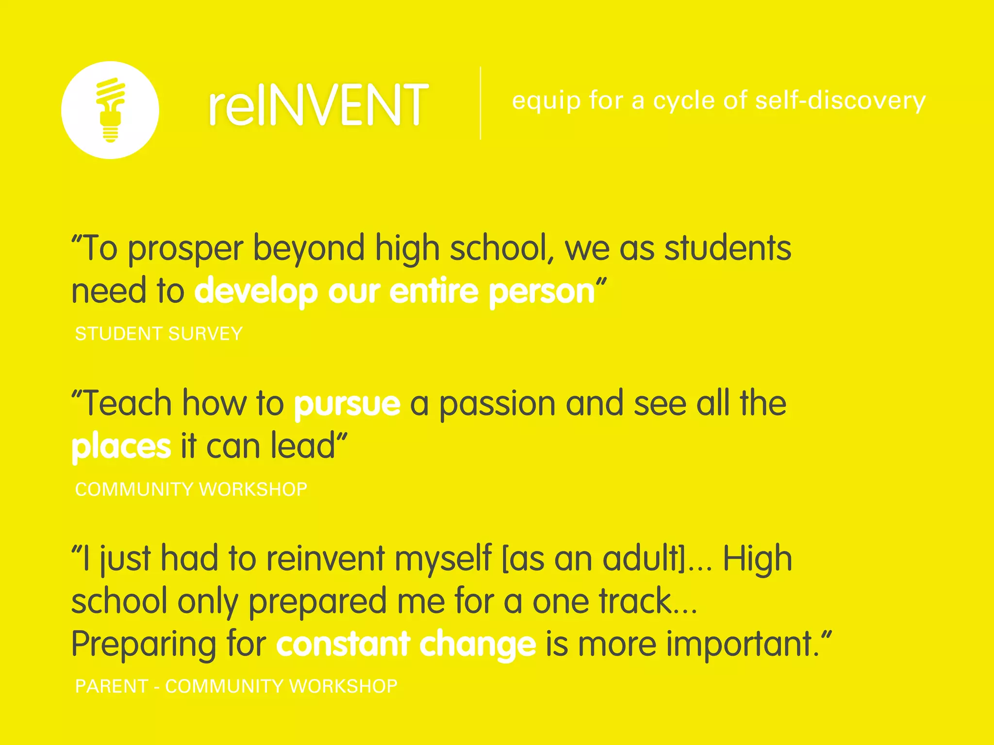 reINVENT           equip for a cycle of self-discovery




“To prosper beyond high school, we as students
need to develop our entire person”
STUDENT SURVEY



“Teach how to pursue a passion and see all the
places it can lead”
COMMUNITY WORKSHOP



“I just had to reinvent myself [as an adult]... High
school only prepared me for a one track...
Preparing for constant change is more important.”
PARENT - COMMUNITY WORKSHOP
 