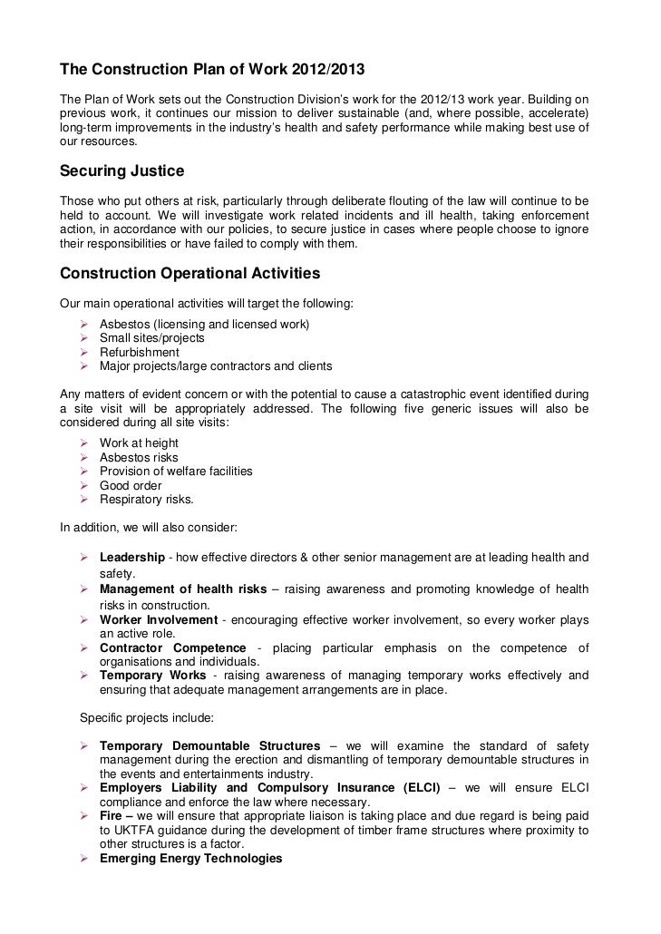 HSE Construction Division Plan Of Work 2012 2013
