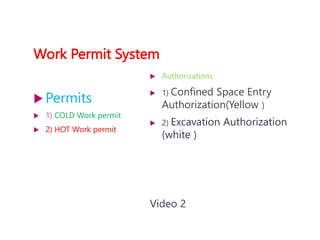Work Permit System
 Permits
 1) COLD Work permit
 2) HOT Work permit
 Authorisations
 1) Confined Space Entry
Authorization(Yellow )
 2) Excavation Authorization
(white )
Video 2
 
