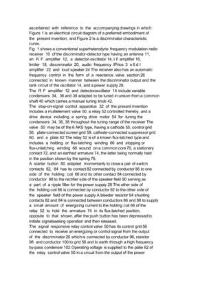 ascertained with reference to the accompanying drawings in which:
Figure 1 is an electrical circuit diagram of a preferred embodiment of
the present invention; and Figure 2 is a discriminator characteristic
curve.
Fig 1 shows a conventional superheterodyne frequency modulation radio
receiver 10 of the discriminator-detector type having an antenna 11,
an R F amplifier 12, a detector-oscillator 14, I F amplifier 16,
limiter 18, discriminator 20, audio frequency lPrice 3 s 6 d l
amplifier 22 and loud speaker 24 The receiver also has an automatic
frequency control in the form of a reactance valve section 26
connected in known manner between the discriminator output and the
tank circuit of the oscillator 14, and a power supply 28.
The R F amplifier 12 and detectoroscillator 14 include variable
condensers 34, 36 and 38 adapted to be tuned in unison from a common
shaft 40 which carries a manual tuning knob 42.
The stop-on-signal control apparatus 32 of the present invention
includes a multielement valve 50, a relay 52 controlled thereby, and a
drive device including a spring drive motor 54 for tuning the
condensers 34, 36, 38 throughout the tuning range of the receiver The
valve 50 may be of the 6 AKS type, having a cathode 55, control grid
56, plate-connected screen grid 58, cathode-connected suppressor grid
60, and a plate 62 The relay 52 is of a known flux-latched type and
includes a holding or flux-latching winding 66 and stopping or
flux-unlatching winding 68 wound on a common core 70, a stationary
contact 72, and an earthed armature 74, the latter being normally held
in the position shown by the spring 76.
A starter button 80 adapted momentarily to close a pair of switch
contacts 82, 84 has its contact 82 connected by conductor 86 to one
side of the holding coil 66 and its other contact 84 connected by
conductor 88 to the rectifier side of the speaker field 90 serving as
a part of a ripple filter for the power supply 28 The other side of
the holding coil 66 is connected by conductor 92 to the other side of
the speaker field of the power supply A bleeder resistor 94 shunting
contacts 82 and 84 is connected between conductors 86 and 88 to supply
a small amount of energizing current to the holding coil 66 of the
relay 52 to hold the armature 74 in its flux-latched position,
opposite to that shown, after the push button has been depressed to
initiate signalseeking operation and then released.
The signal responsive relay control valve 50 has its control grid 56
connected to receive an energizing or control signal from the output
of the discriminator 20 which is connected by conductor 96, resistor
98 and conductor 100 to grid 56 and to earth through a high frequency
by-pass condenser 102 Operating voltage is supplied to the plate 62 of
the relay control valve 50 in a circuit from the output of the power
 