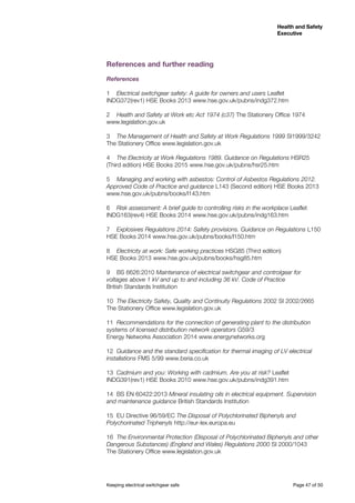 Keeping electrical switchgear safe	 Page 47 of 50
Health and Safety
Executive
Health and Safety
Executive
References and further reading
References
1	 Electrical switchgear safety: A guide for owners and users Leaflet
INDG372(rev1) HSE Books 2013 www.hse.gov.uk/pubns/indg372.htm
2	 Health and Safety at Work etc Act 1974 (c37) The Stationery Office 1974
www.legislation.gov.uk
3	 The Management of Health and Safety at Work Regulations 1999 SI1999/3242
The Stationery Office www.legislation.gov.uk
4	 The Electricity at Work Regulations 1989. Guidance on Regulations HSR25
(Third edition) HSE Books 2015 www.hse.gov.uk/pubns/hsr25.htm
5	 Managing and working with asbestos: Control of Asbestos Regulations 2012.
Approved Code of Practice and guidance L143 (Second edition) HSE Books 2013
www.hse.gov.uk/pubns/books/l143.htm
6	 Risk assessment: A brief guide to controlling risks in the workplace Leaflet
INDG163(rev4) HSE Books 2014 www.hse.gov.uk/pubns/indg163.htm
7	 Explosives Regulations 2014: Safety provisions. Guidance on Regulations L150
HSE Books 2014 www.hse.gov.uk/pubns/books/l150.htm
8	 Electricity at work: Safe working practices HSG85 (Third edition)
HSE Books 2013 www.hse.gov.uk/pubns/books/hsg85.htm
9	 BS 6626:2010 Maintenance of electrical switchgear and controlgear for
voltages above 1 kV and up to and including 36 kV. Code of Practice
British Standards Institution
10 	The Electricity Safety, Quality and Continuity Regulations 2002 SI 2002/2665
The Stationery Office www.legislation.gov.uk
11	 Recommendations for the connection of generating plant to the distribution
systems of licensed distribution network operators G59/3
Energy Networks Association 2014 www.energynetworks.org
12	 Guidance and the standard specification for thermal imaging of LV electrical
installations FMS 5/99 www.bsria.co.uk
13	 Cadmium and you: Working with cadmium. Are you at risk? Leaflet
INDG391(rev1) HSE Books 2010 www.hse.gov.uk/pubns/indg391.htm
14	 BS EN 60422:2013 Mineral insulating oils in electrical equipment. Supervision
and maintenance guidance British Standards Institution
15	 EU Directive 96/59/EC The Disposal of Polychlorinated Biphenyls and
Polychorinated Triphenyls http://eur-lex.europa.eu
16	 The Environmental Protection (Disposal of Polychlorinated Biphenyls and other
Dangerous Substances) (England and Wales) Regulations 2000 SI 2000/1043
The Stationery Office www.legislation.gov.uk
 