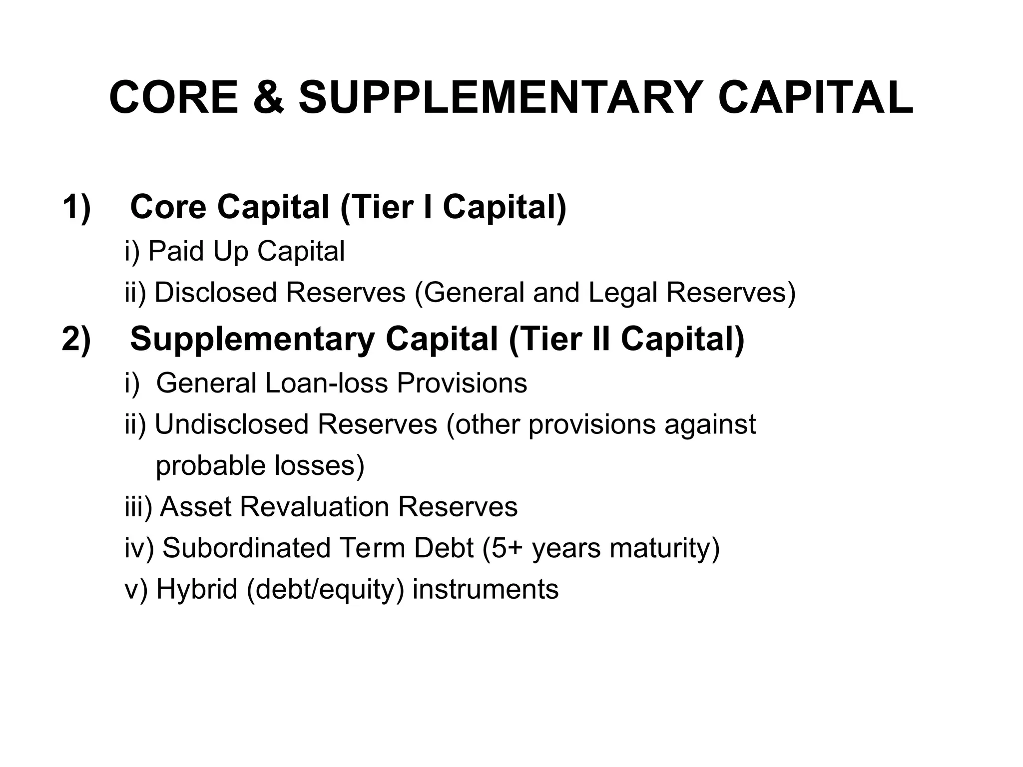 CORE & SUPPLEMENTARY CAPITAL
1) Core Capital (Tier I Capital)
i) Paid Up Capital
ii) Disclosed Reserves (General and Legal Reserves)
2) Supplementary Capital (Tier II Capital)
i) General Loan-loss Provisions
ii) Undisclosed Reserves (other provisions against
probable losses)
iii) Asset Revaluation Reserves
iv) Subordinated Term Debt (5+ years maturity)
v) Hybrid (debt/equity) instruments
 