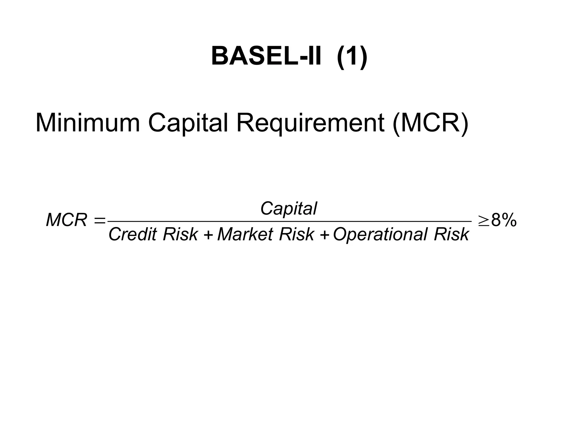 BASEL-II (1)
Minimum Capital Requirement (MCR)
8%
Capital
MCR
Credit Risk Market Risk Operational Risk
 
 
 