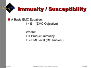 Immunity / Susceptibility A Basic EMC Equation:  I > E  (EMC Objective) Where: I  = Product Immunity E = EMI Level (RF ambient) 