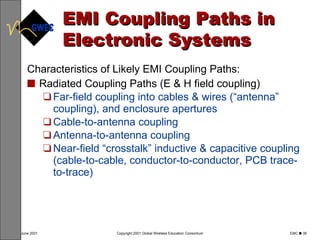 EMI Coupling Paths in Electronic Systems Characteristics of Likely EMI Coupling Paths: Radiated Coupling Paths (E & H field coupling) Far-field coupling into cables & wires (“antenna” coupling), and enclosure apertures Cable-to-antenna coupling Antenna-to-antenna coupling Near-field “crosstalk” inductive & capacitive coupling (cable-to-cable, conductor-to-conductor, PCB trace-to-trace) 